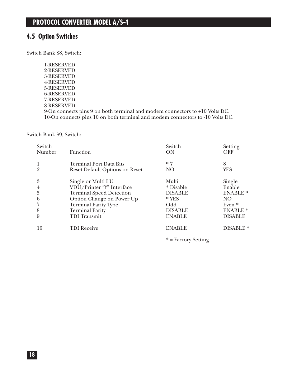 Protocol converter model a/s-4, 5 option switches | Black Box PROTOCOL CONVERTER A/S-4 User Manual | Page 19 / 88