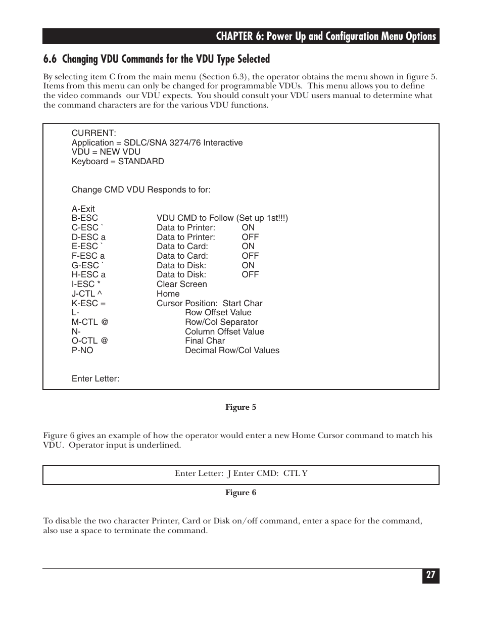 Chapter 6: power up and configuration menu options, 6 changing vdu commands for the vdu type selected | Black Box PROTOCOL CONVERTER A/S-4 User Manual | Page 28 / 88