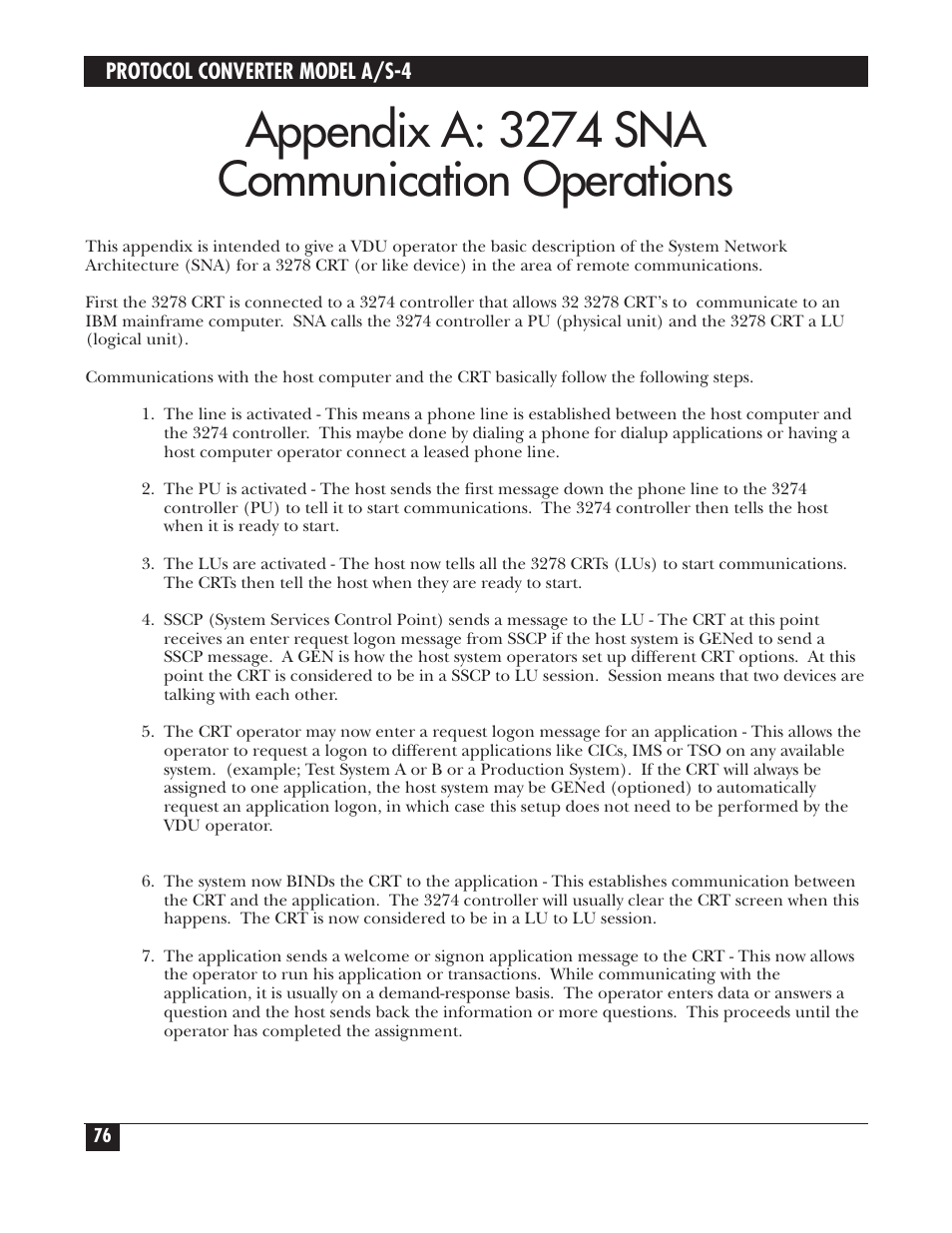 Appendix a: 3274 sna communication operations | Black Box PROTOCOL CONVERTER A/S-4 User Manual | Page 77 / 88