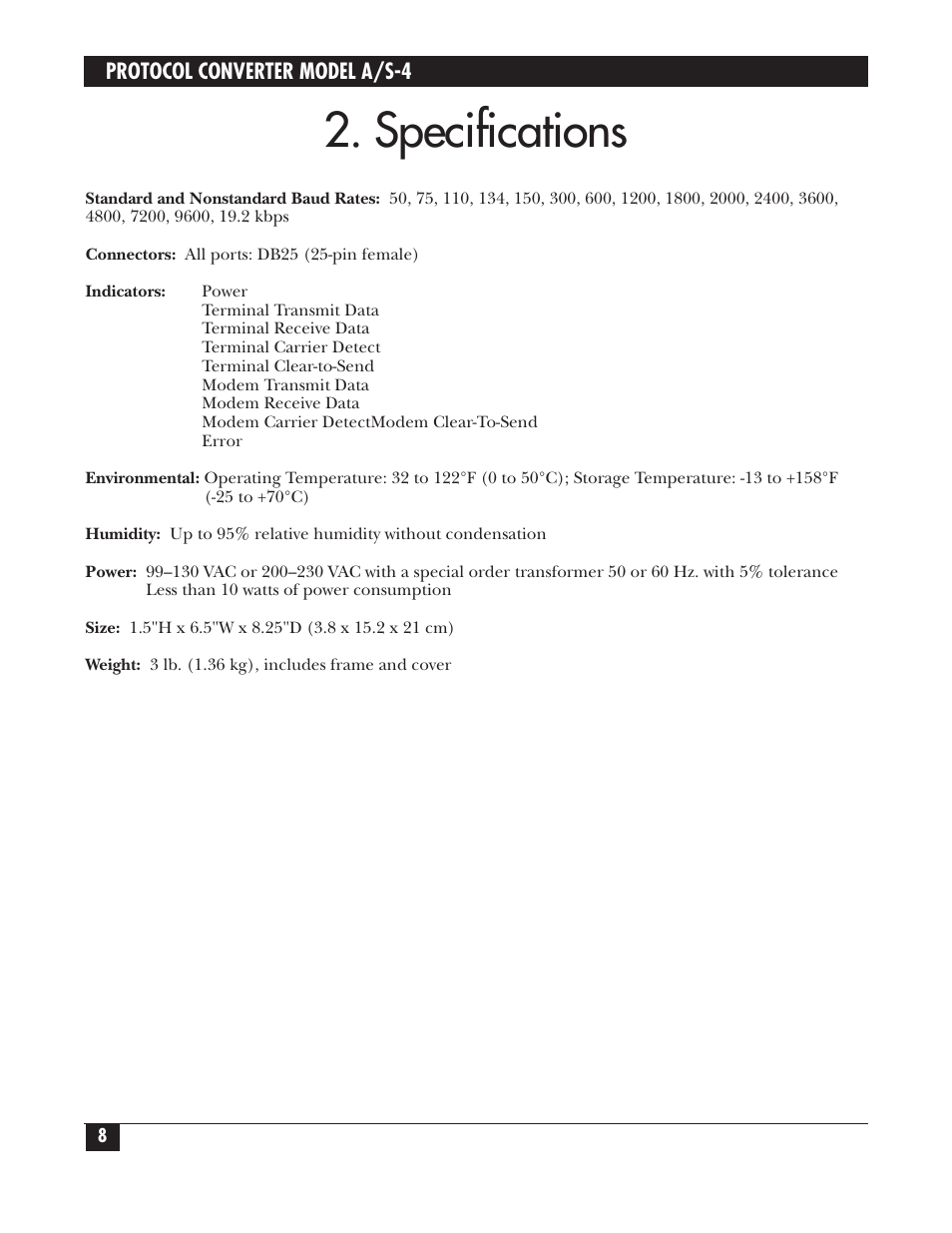 Specifications | Black Box PROTOCOL CONVERTER A/S-4 User Manual | Page 9 / 88