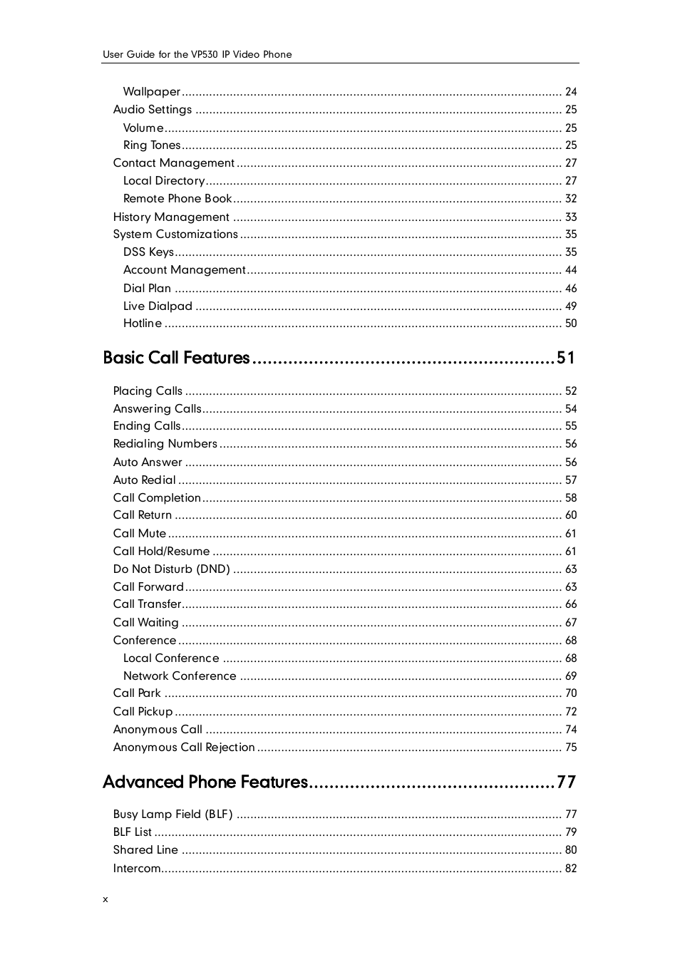 Basic call features, Advanced phone features | Yealink VP530 User Manual | Page 10 / 116
