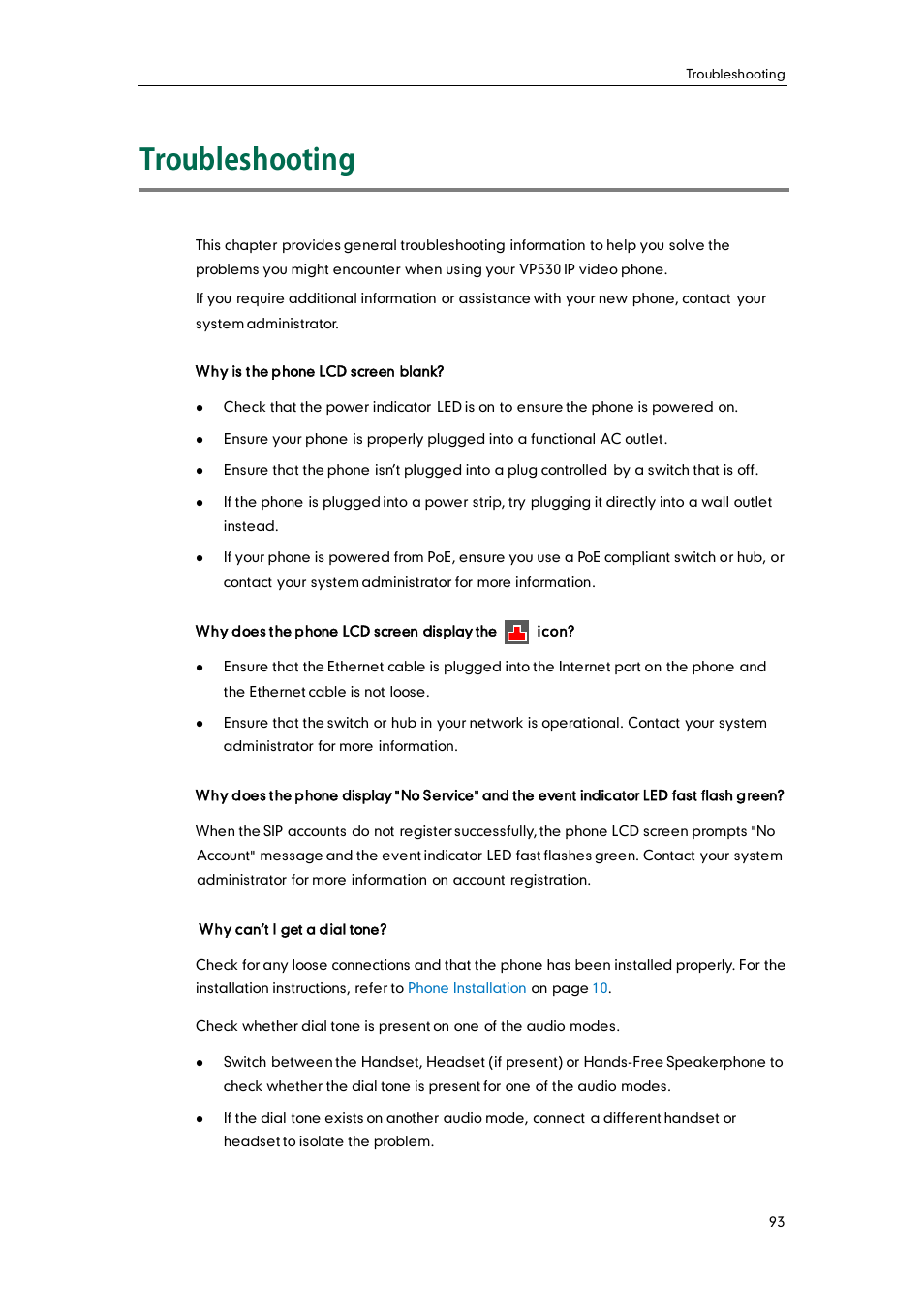 Troubleshooting | Yealink VP530 User Manual | Page 105 / 116