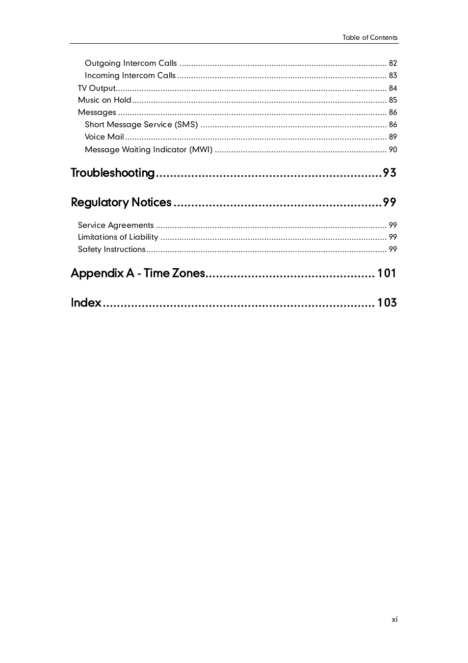 Troubleshooting, Regulatory notices, Appendix a - time zones | Index | Yealink VP530 User Manual | Page 11 / 116