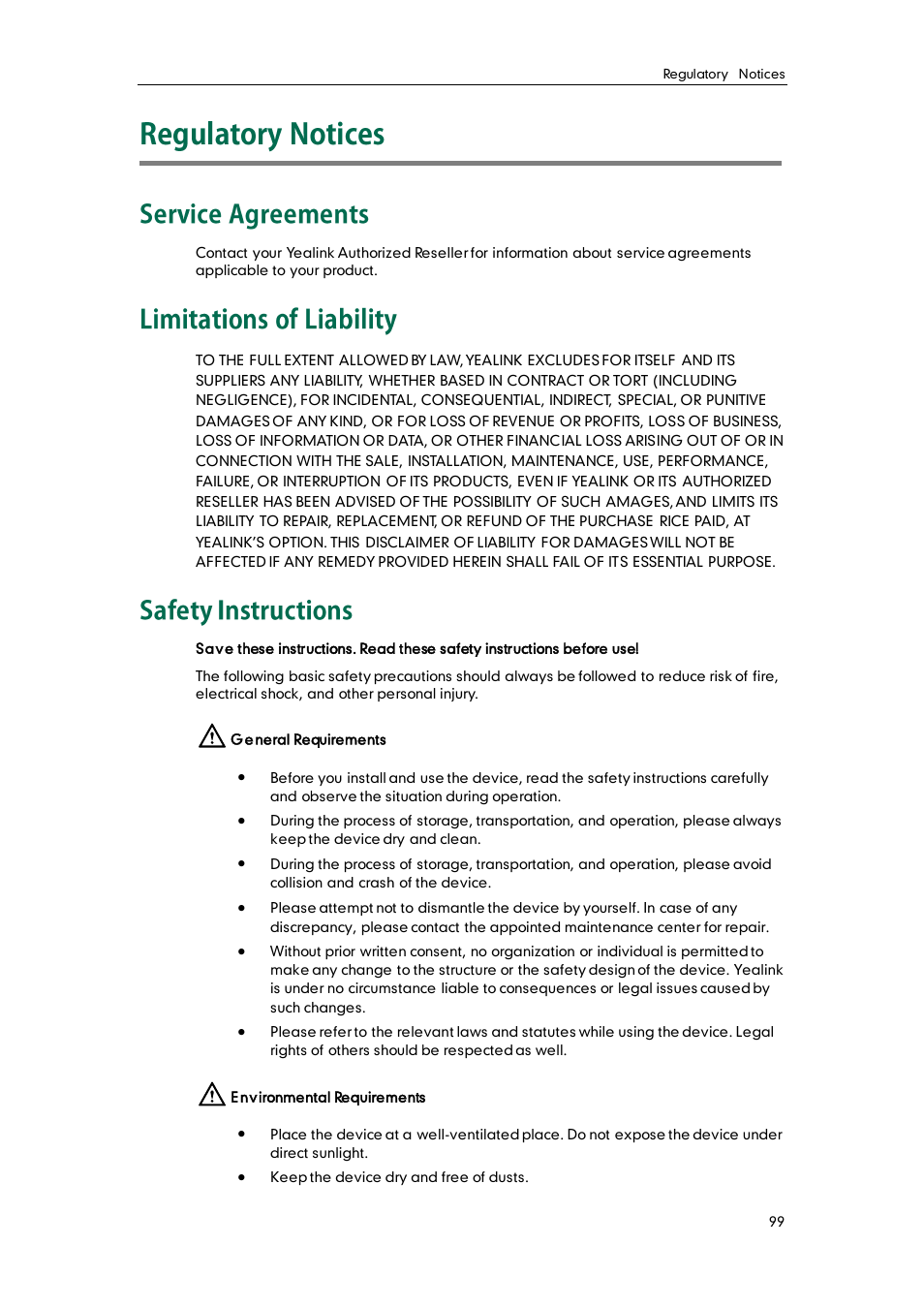 Regulatory notices, Service agreements, Limitations of liability | Safety instructions | Yealink VP530 User Manual | Page 111 / 116