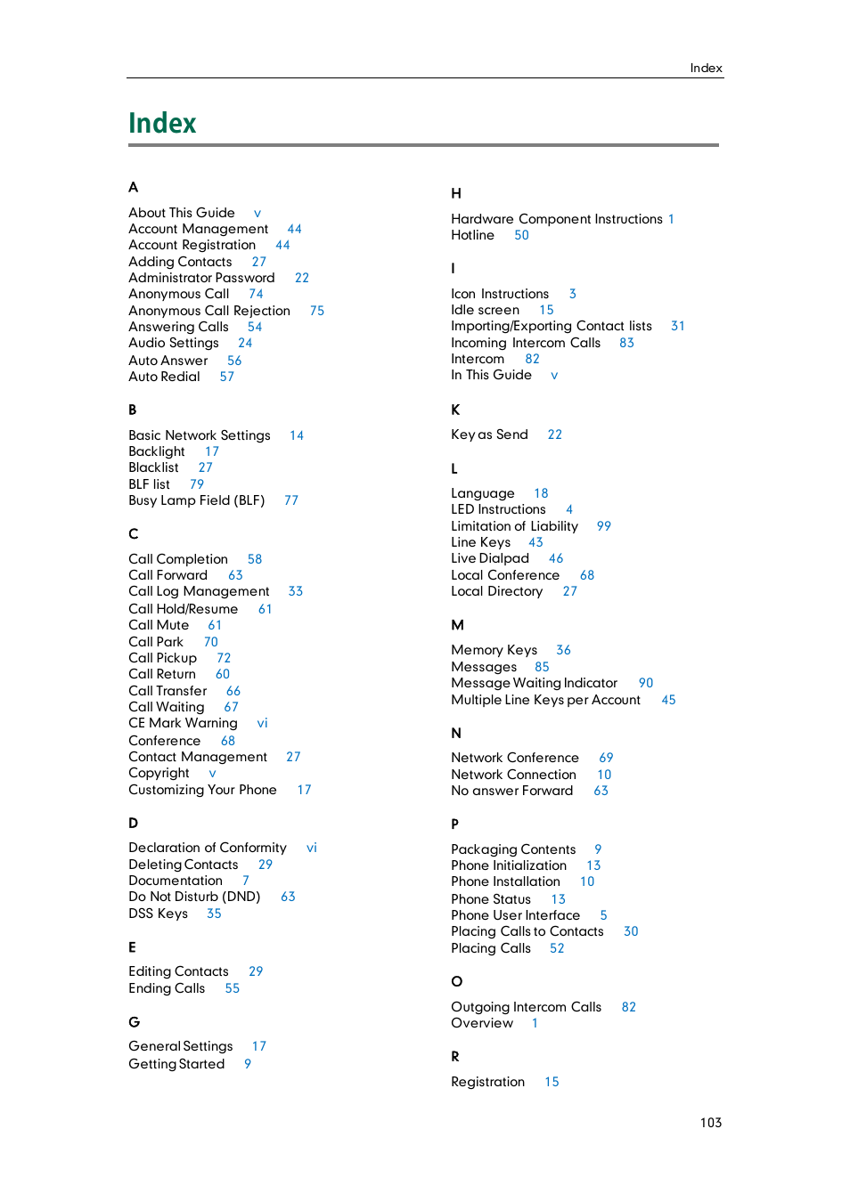 Index | Yealink VP530 User Manual | Page 115 / 116