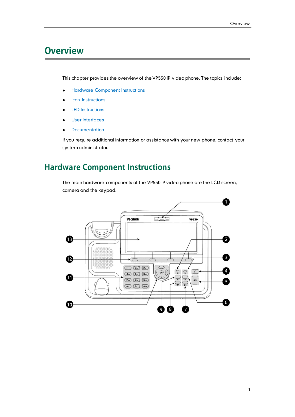 Overview, Hardware component instructions | Yealink VP530 User Manual | Page 13 / 116