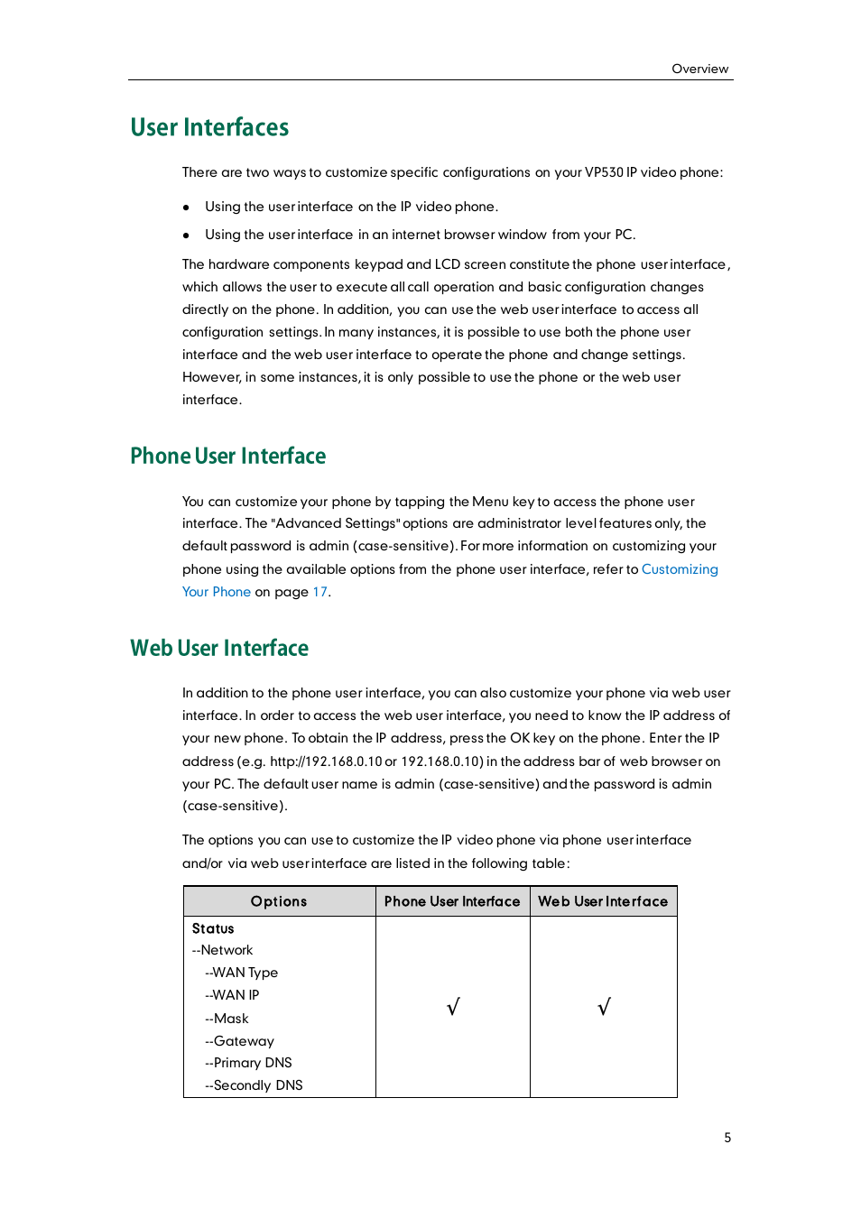 User interfaces, Phone user interface, Web user interface | Yealink VP530 User Manual | Page 17 / 116