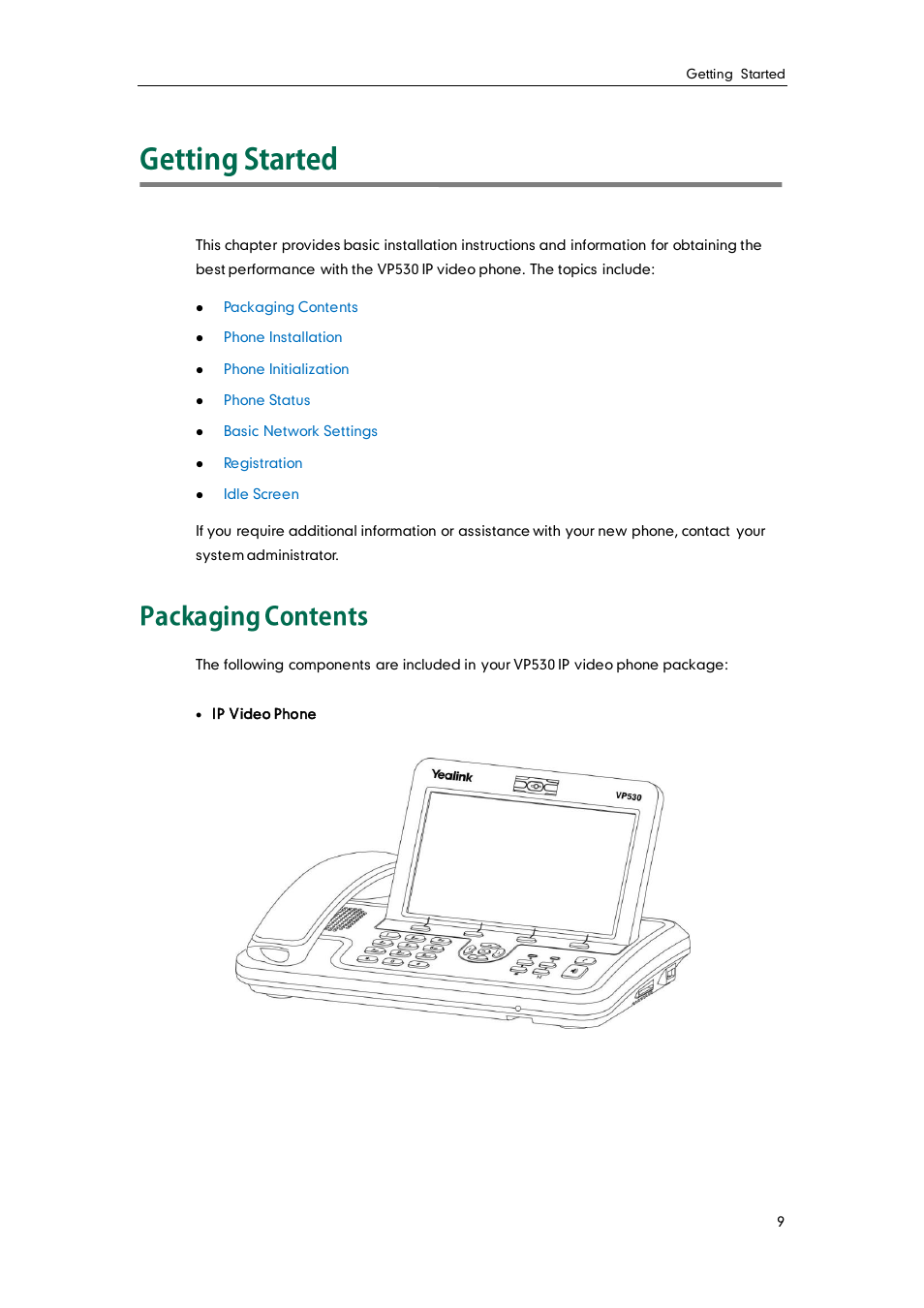 Getting started, Packaging contents | Yealink VP530 User Manual | Page 21 / 116