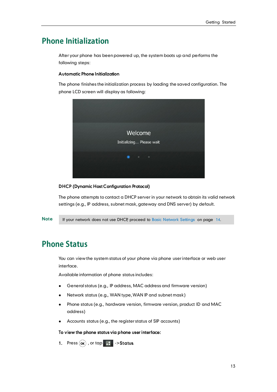 Phone initialization, Phone status | Yealink VP530 User Manual | Page 25 / 116