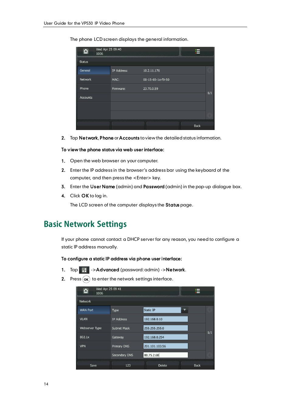 Basic network settings | Yealink VP530 User Manual | Page 26 / 116