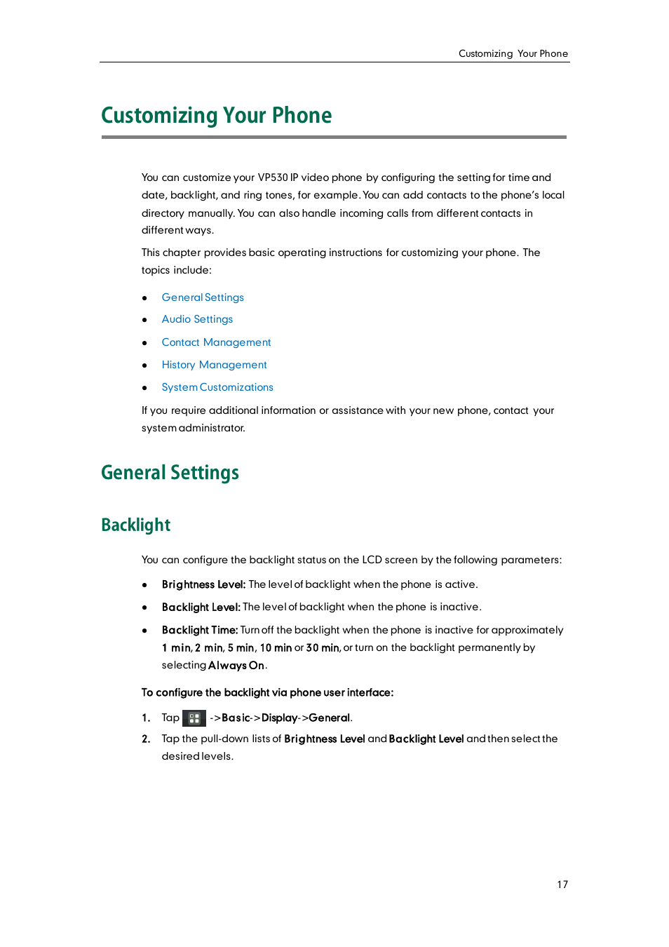 Customizing your phone, General settings, Backlight | Customizing, Your phone | Yealink VP530 User Manual | Page 29 / 116