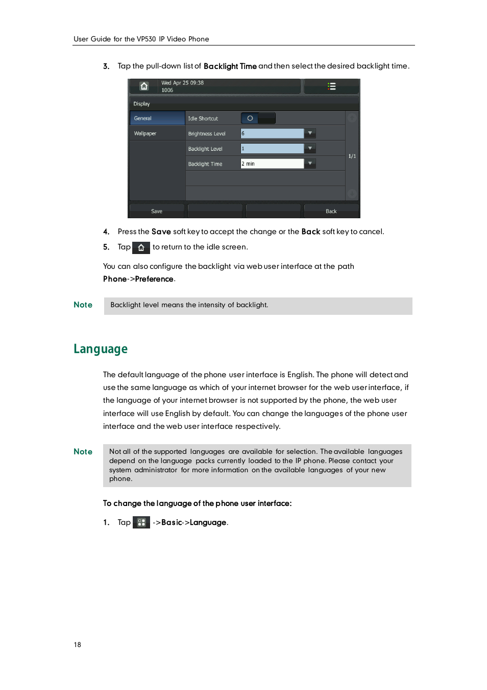 Language | Yealink VP530 User Manual | Page 30 / 116