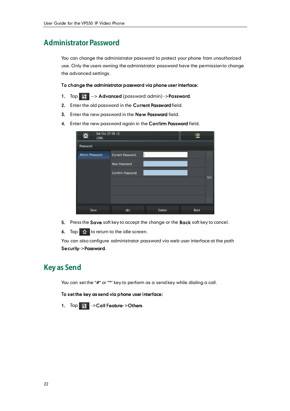 Administrator password, Key as send | Yealink VP530 User Manual | Page 34 / 116