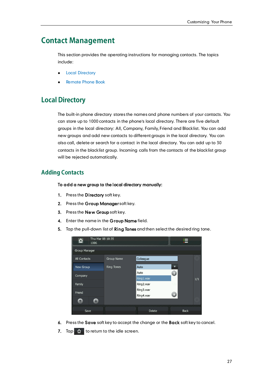 Contact management, Local directory, Adding contacts | Yealink VP530 User Manual | Page 39 / 116