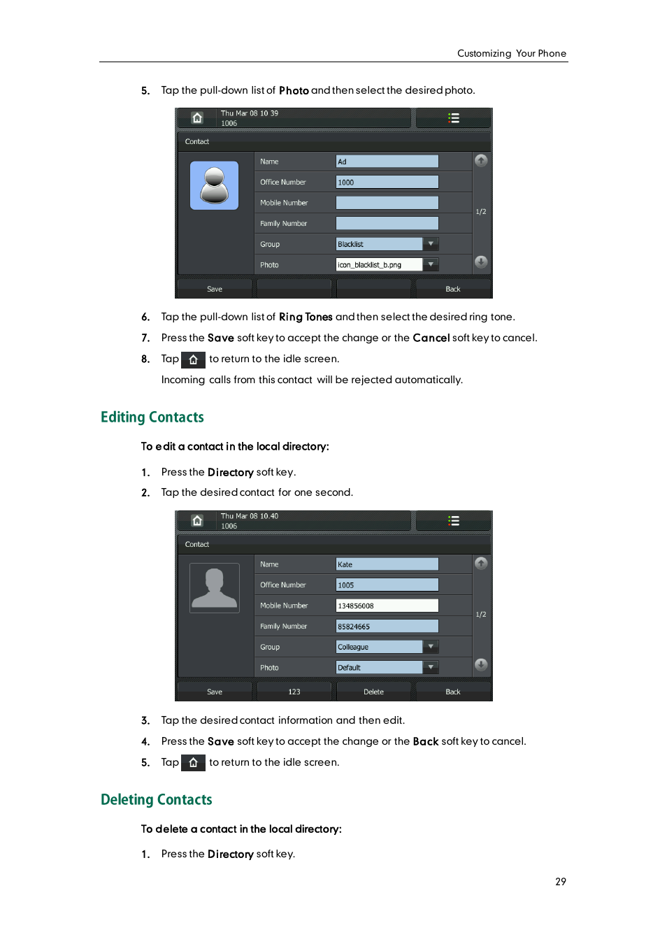 Editing contacts, Deleting contacts | Yealink VP530 User Manual | Page 41 / 116