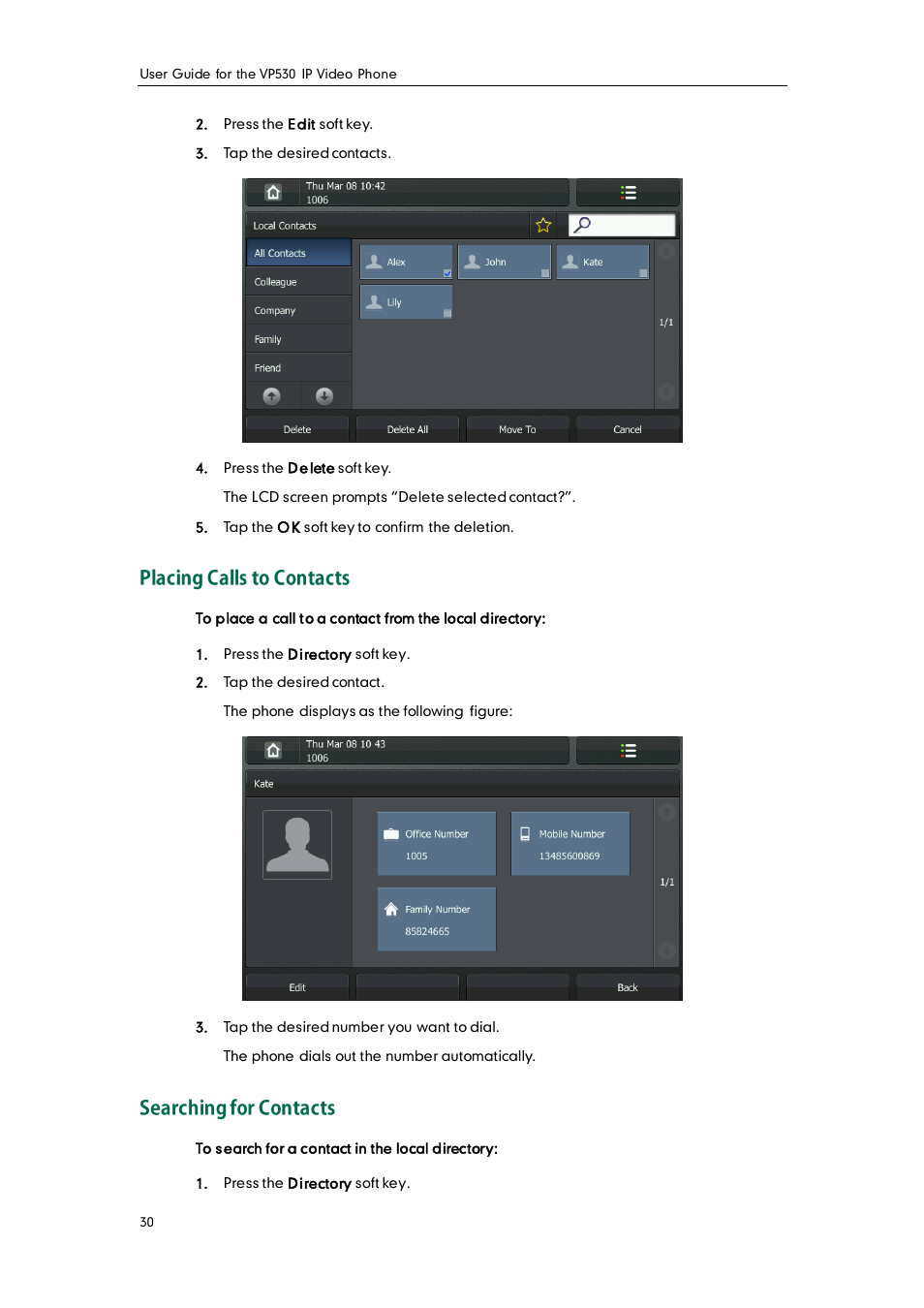 Placing calls to contacts, Searching for contacts | Yealink VP530 User Manual | Page 42 / 116