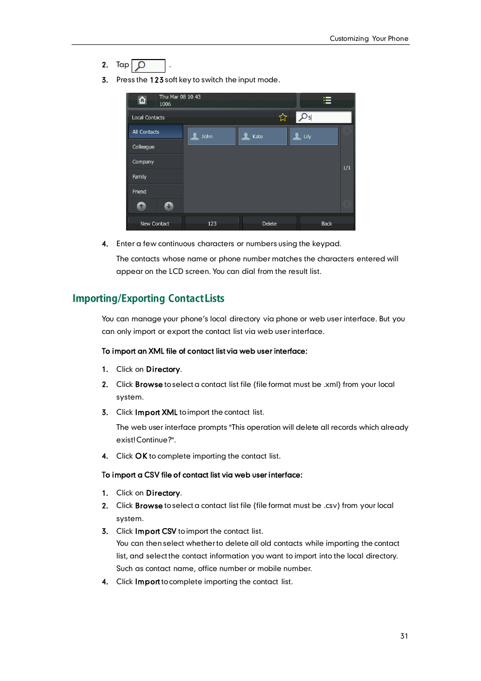 Importing/exporting contact lists | Yealink VP530 User Manual | Page 43 / 116