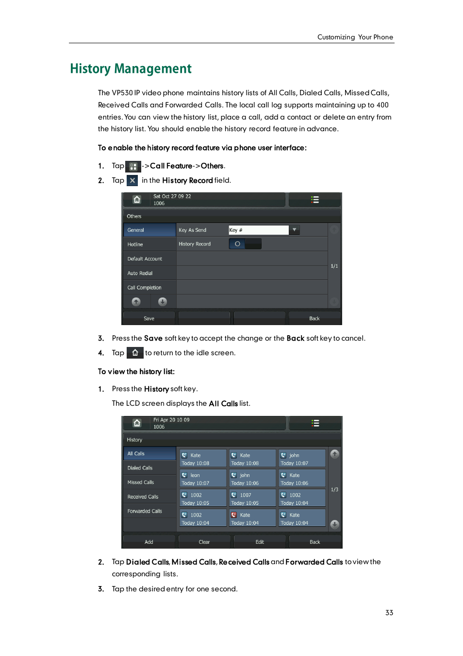 History management | Yealink VP530 User Manual | Page 45 / 116