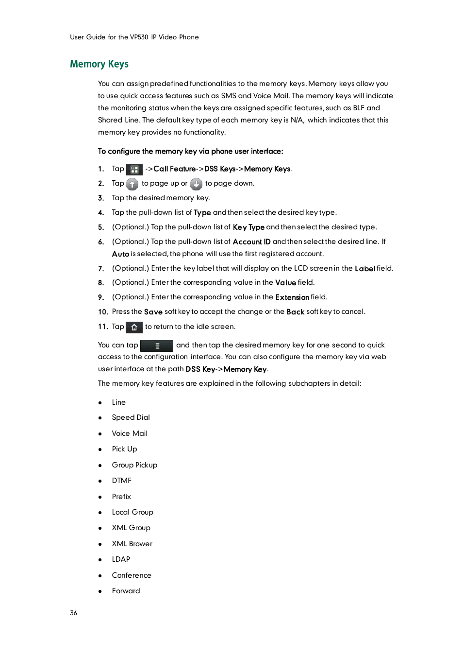 Memory keys | Yealink VP530 User Manual | Page 48 / 116