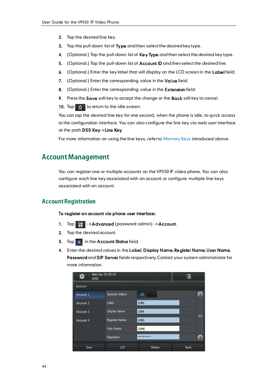 Account management, Account registration | Yealink VP530 User Manual | Page 56 / 116