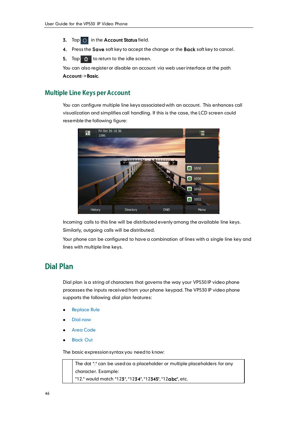 Multiple line keys per account, Dial plan | Yealink VP530 User Manual | Page 58 / 116