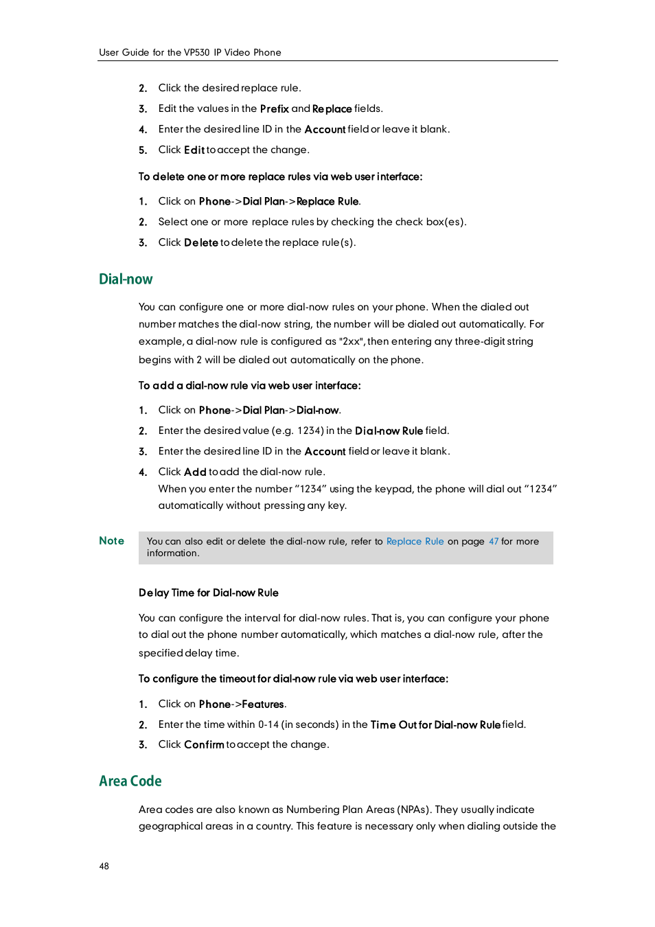 Dial-now, Area code | Yealink VP530 User Manual | Page 60 / 116