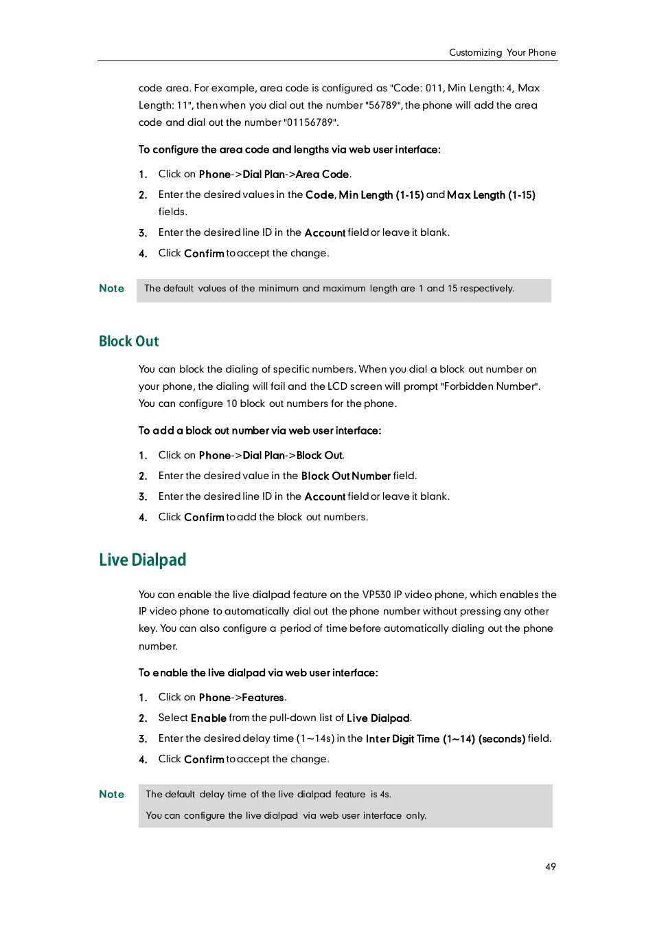 Block out, Live dialpad | Yealink VP530 User Manual | Page 61 / 116