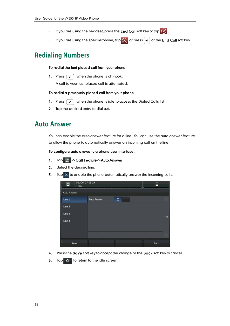 Redialing numbers, Auto answer | Yealink VP530 User Manual | Page 68 / 116