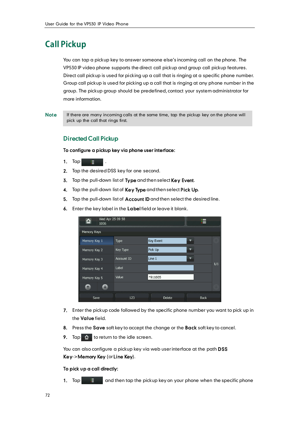 Call pickup, Directed call pickup | Yealink VP530 User Manual | Page 84 / 116