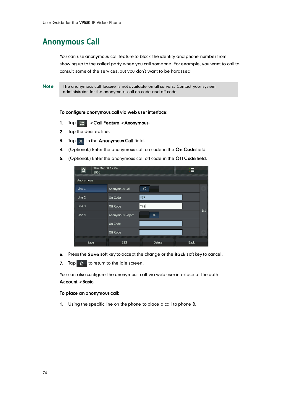 Anonymous call | Yealink VP530 User Manual | Page 86 / 116