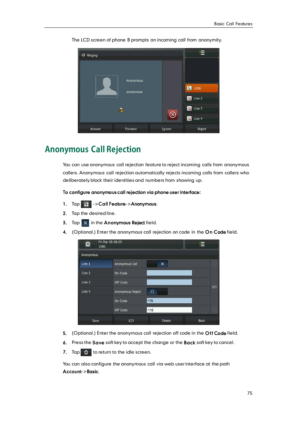 Anonymous call rejection | Yealink VP530 User Manual | Page 87 / 116