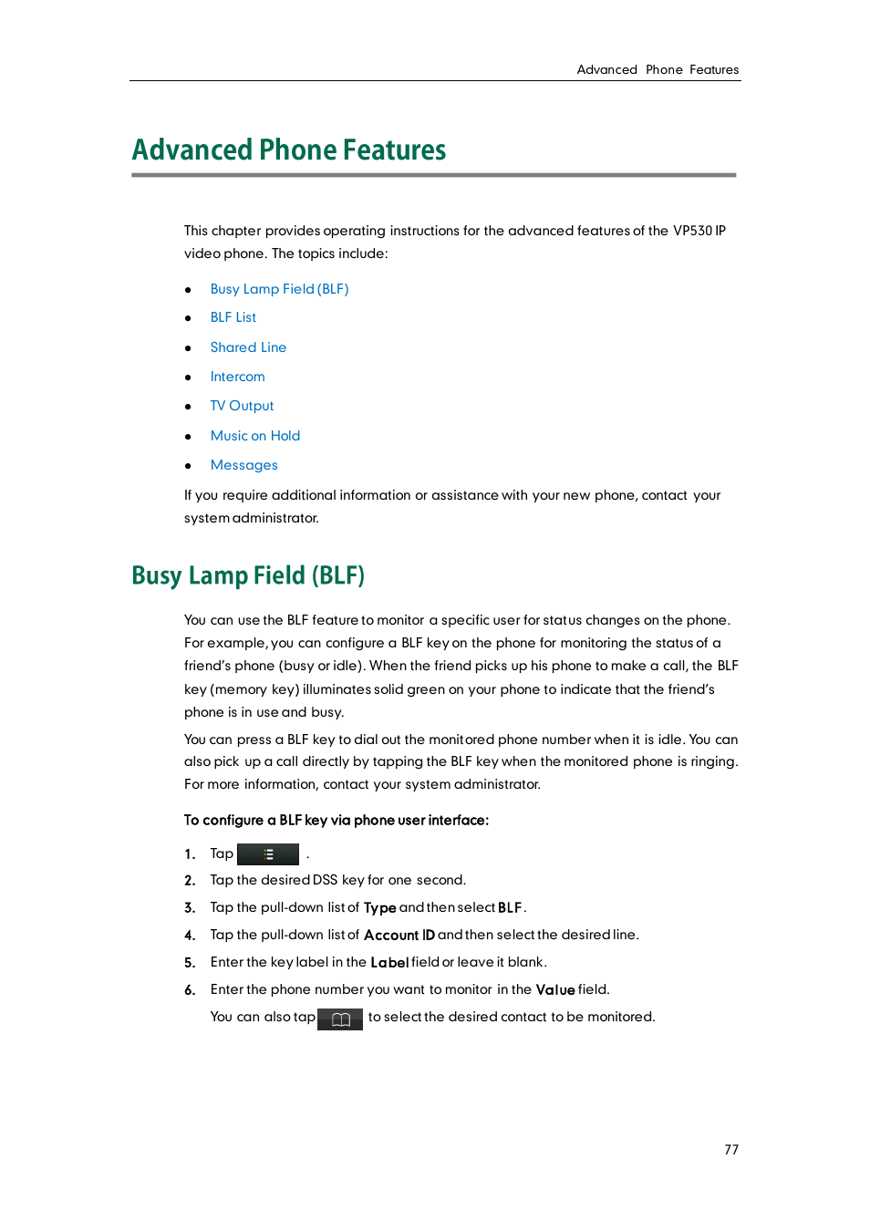 Advanced phone features, Busy lamp field (blf) | Yealink VP530 User Manual | Page 89 / 116