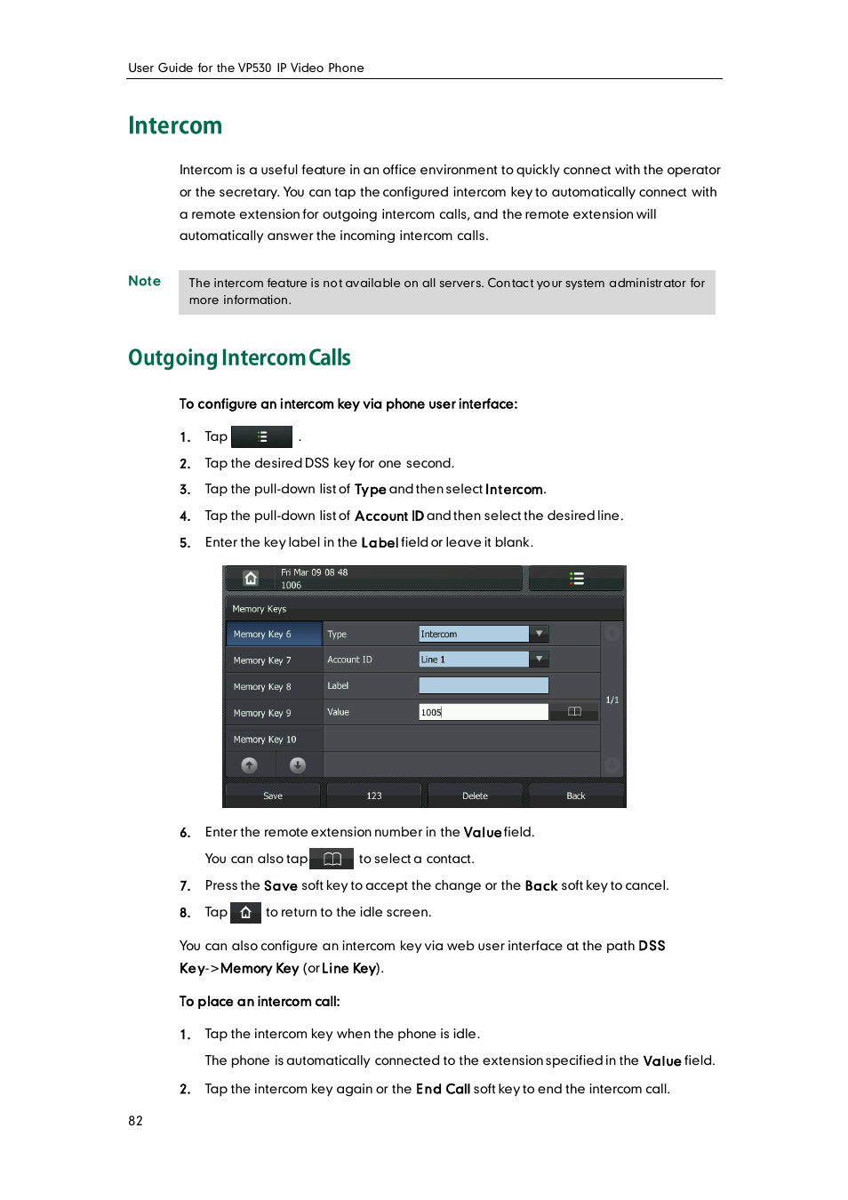 Intercom, Outgoing intercom calls | Yealink VP530 User Manual | Page 94 / 116