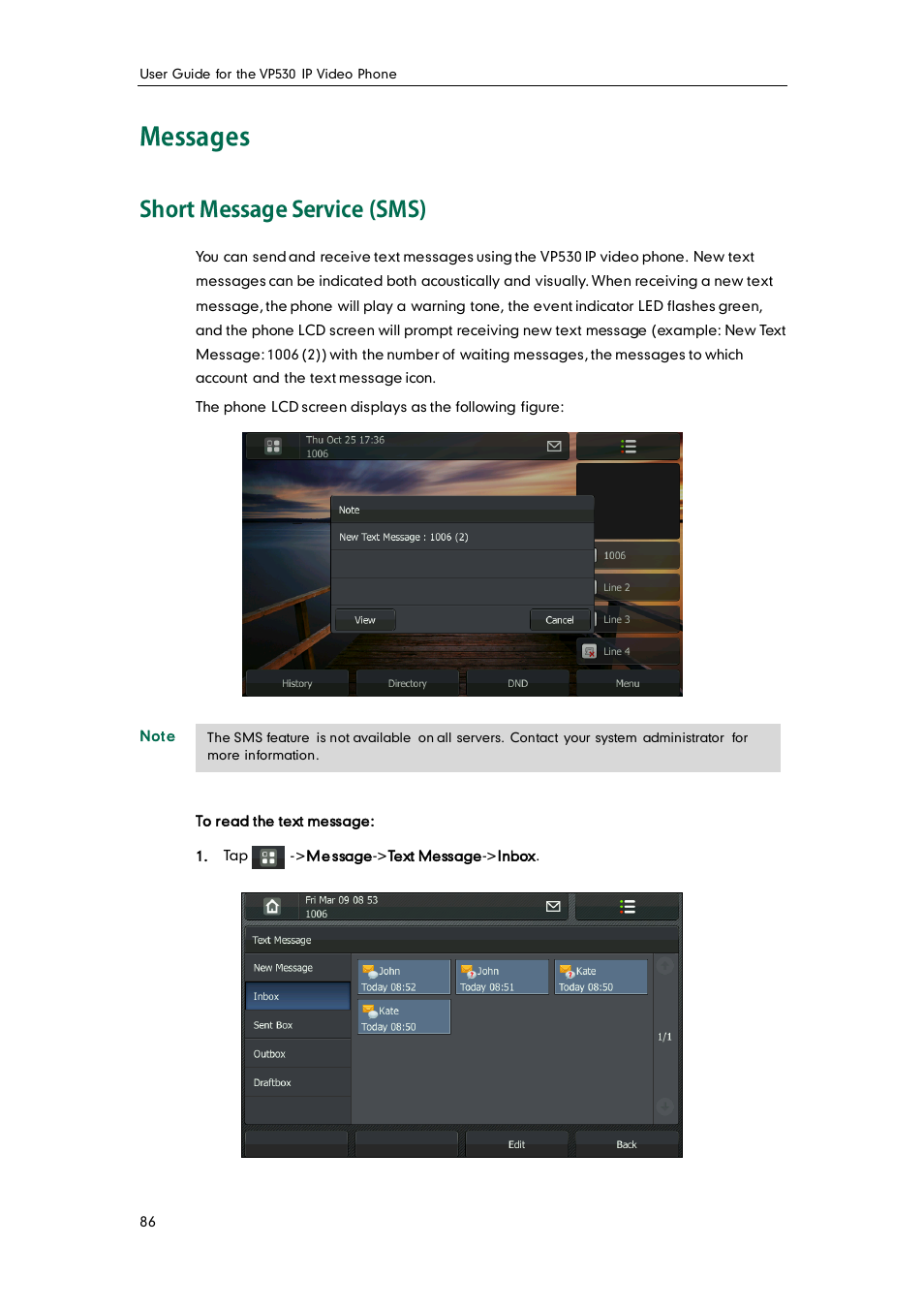 Messages, Short message service (sms) | Yealink VP530 User Manual | Page 98 / 116