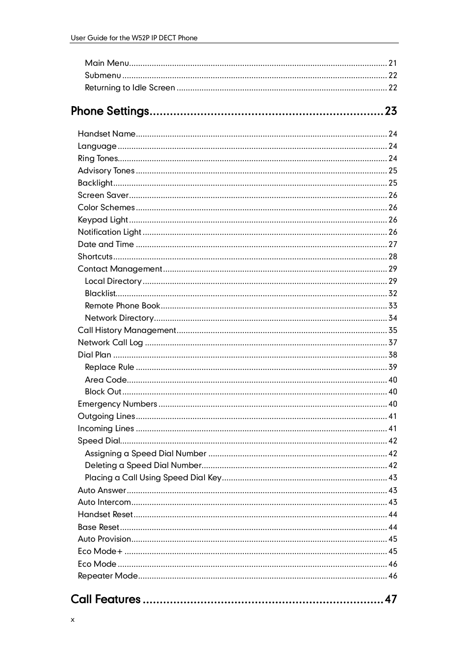 Phone settings, Call features | Yealink W52P User Manual | Page 10 / 84