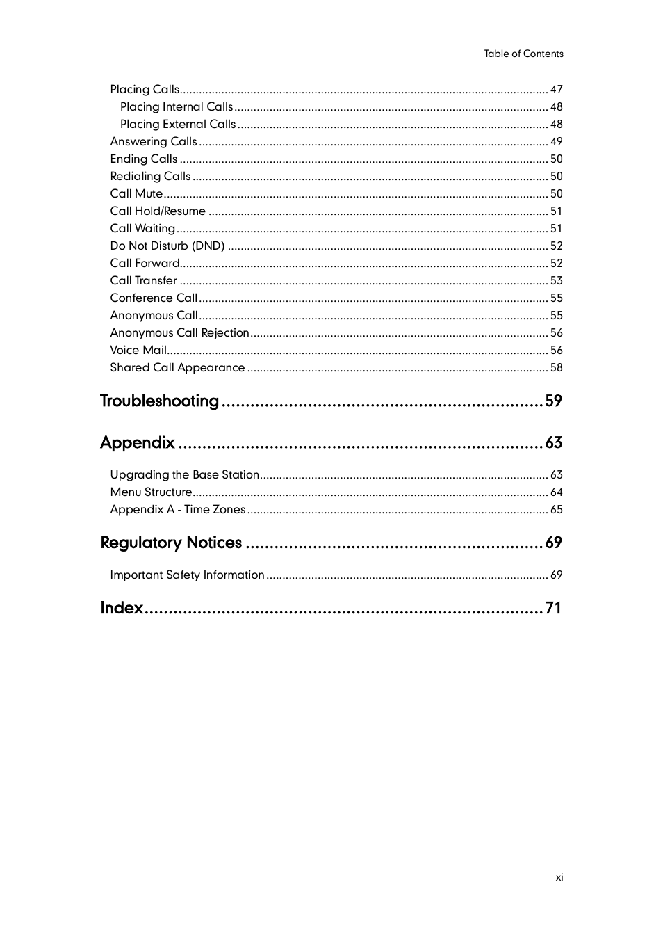 Troubleshooting, Appendix, Regulatory notices | Index | Yealink W52P User Manual | Page 11 / 84