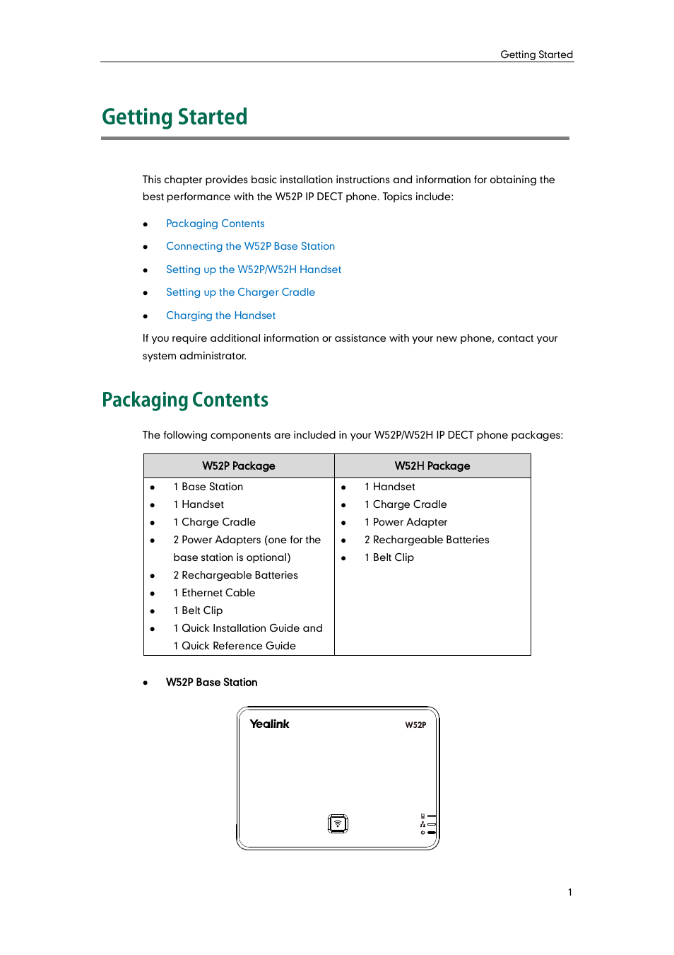 Getting started, Packaging contents | Yealink W52P User Manual | Page 13 / 84