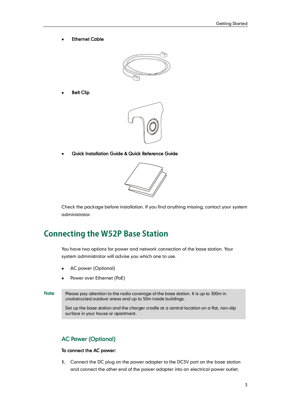 Connecting the w52p base station, Ac power (optional) | Yealink W52P User Manual | Page 15 / 84