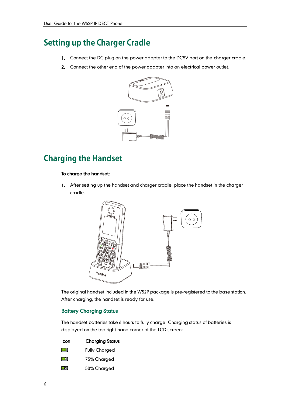 Setting up the charger cradle, Charging the handset, Setting up the charger cradle charging the handset | Yealink W52P User Manual | Page 18 / 84