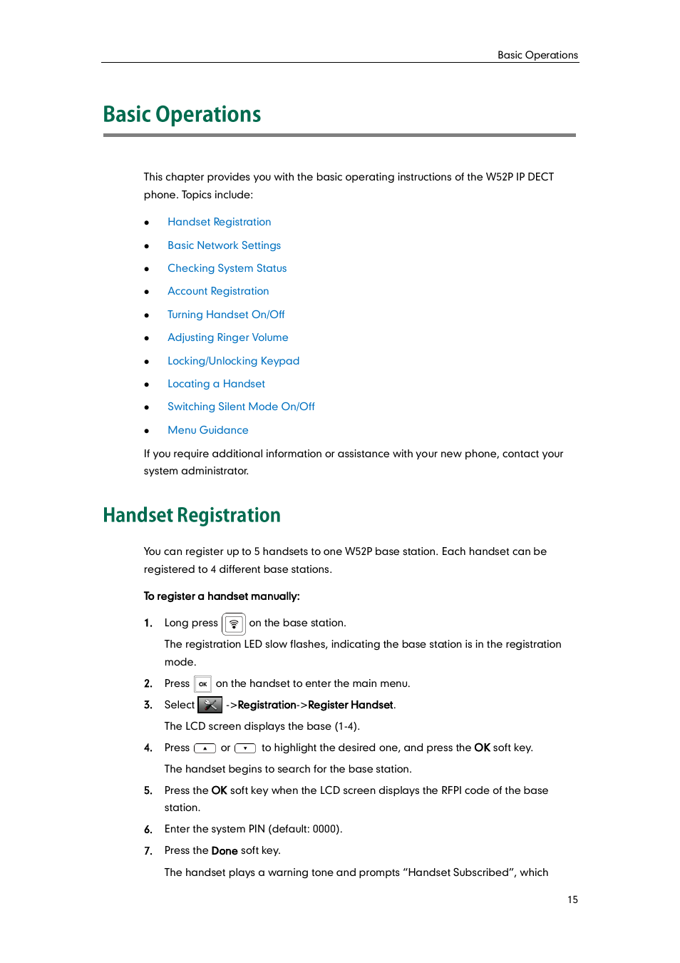 Basic operations, Handset registration | Yealink W52P User Manual | Page 27 / 84