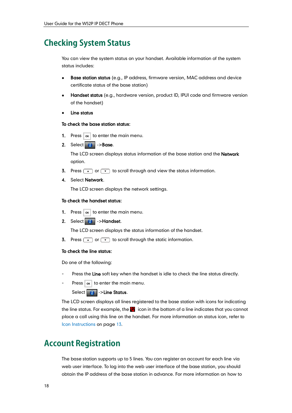 Checking system status, Account registration, Checking system status account registration | Yealink W52P User Manual | Page 30 / 84