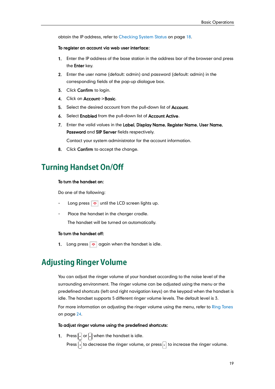 Turning handset on/off, Adjusting ringer volume, Turning handset on/off adjusting ringer volume | Yealink W52P User Manual | Page 31 / 84