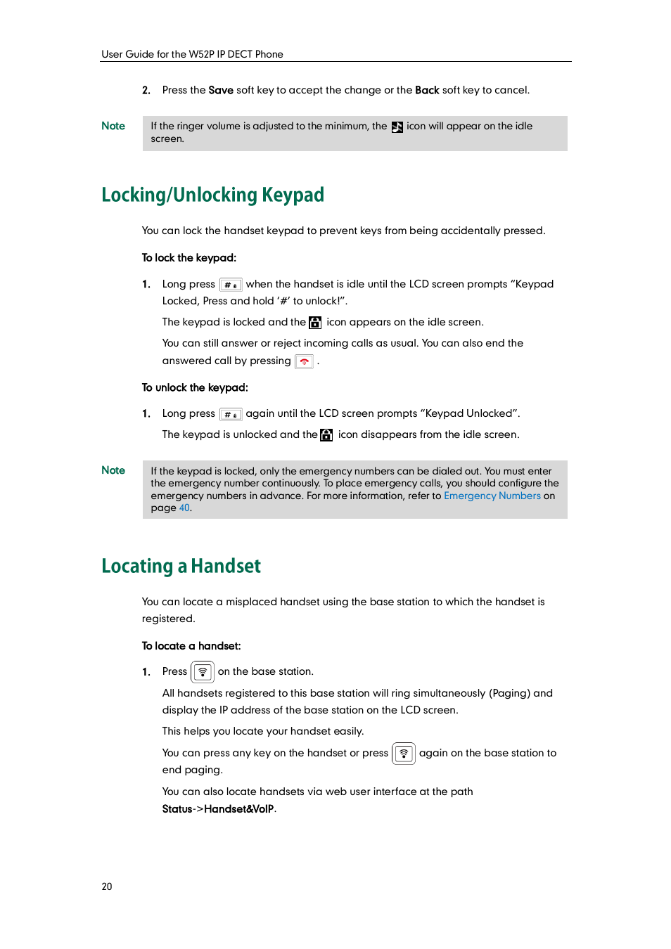 Locking/unlocking keypad, Locating a handset, Locking/unlocking keypad locating a handset | Yealink W52P User Manual | Page 32 / 84