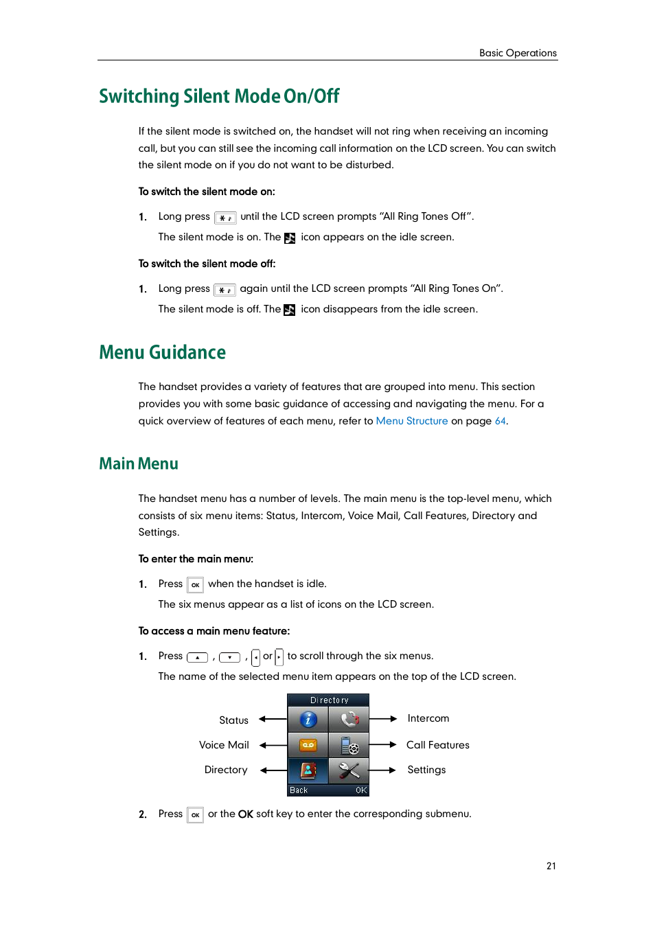 Switching silent mode on/off, Menu guidance, Main menu | Switching silent mode on/off menu guidance | Yealink W52P User Manual | Page 33 / 84