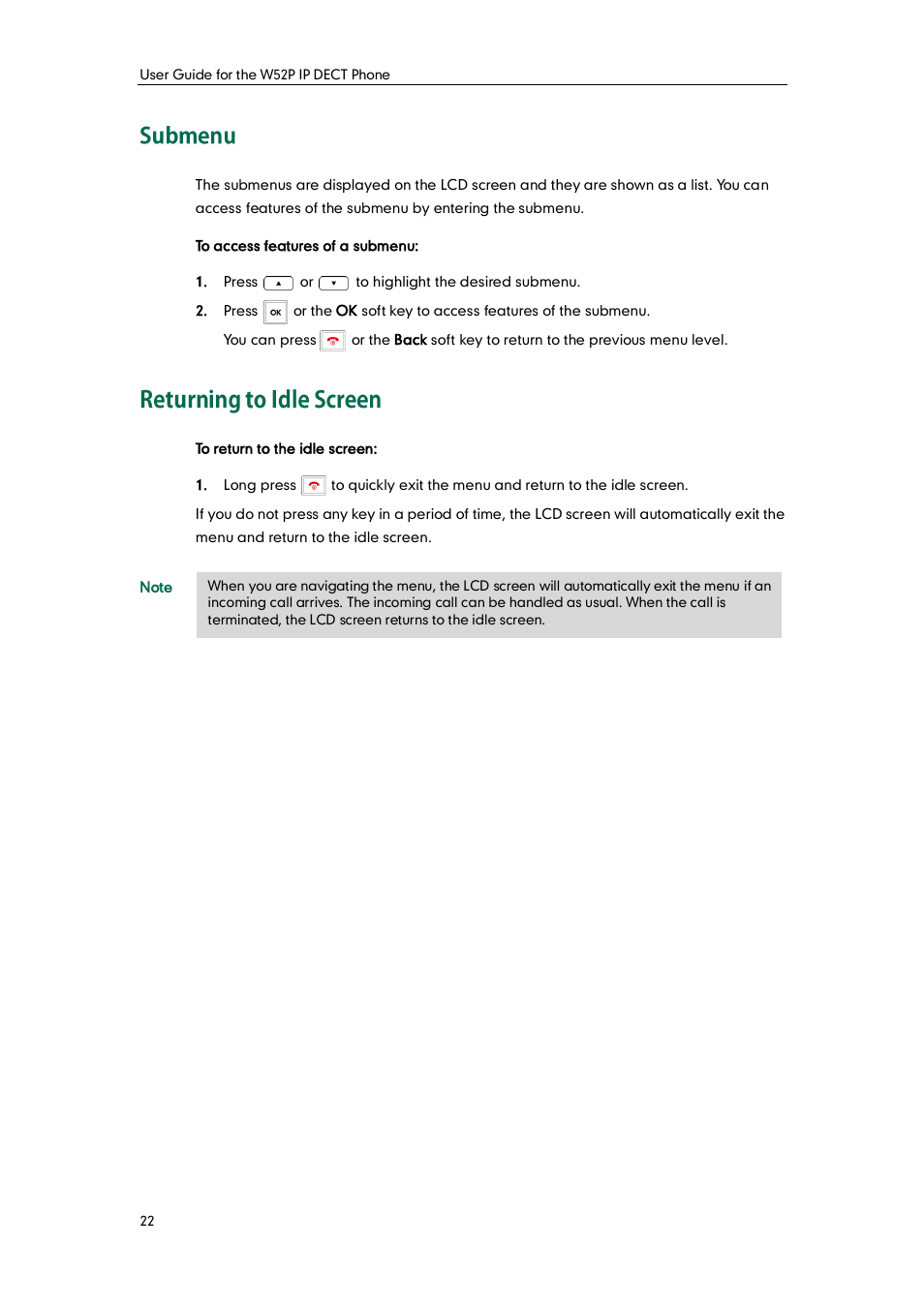 Submenu, Returning to idle screen, Submenu returning to idle screen | Yealink W52P User Manual | Page 34 / 84