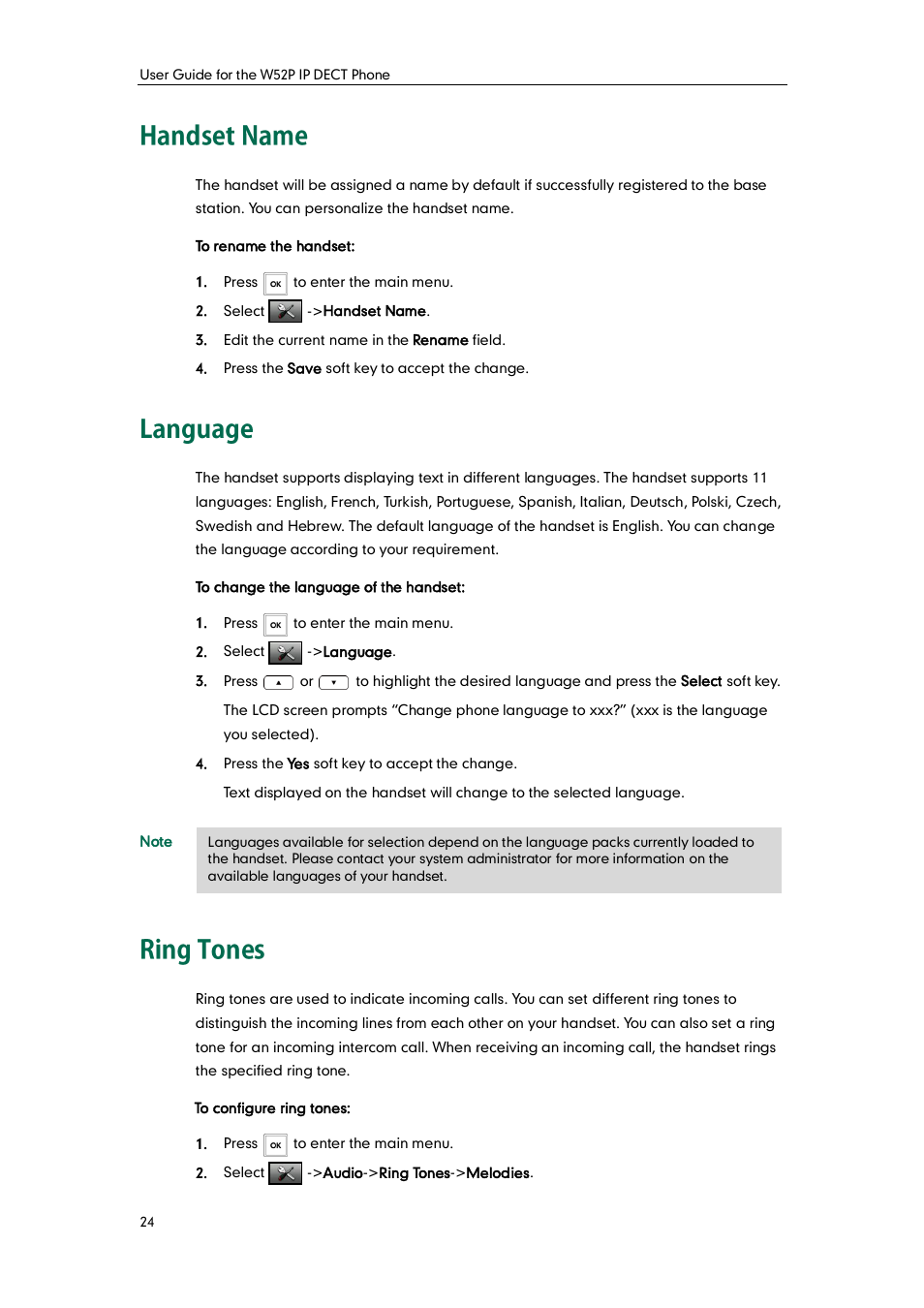 Handset name, Language, Ring tones | Handset name language ring tones | Yealink W52P User Manual | Page 36 / 84