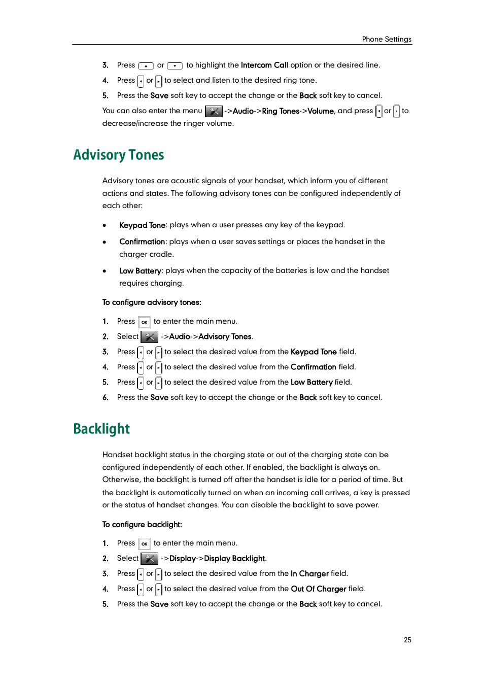 Advisory tones, Backlight, Advisory tones backlight | Yealink W52P User Manual | Page 37 / 84