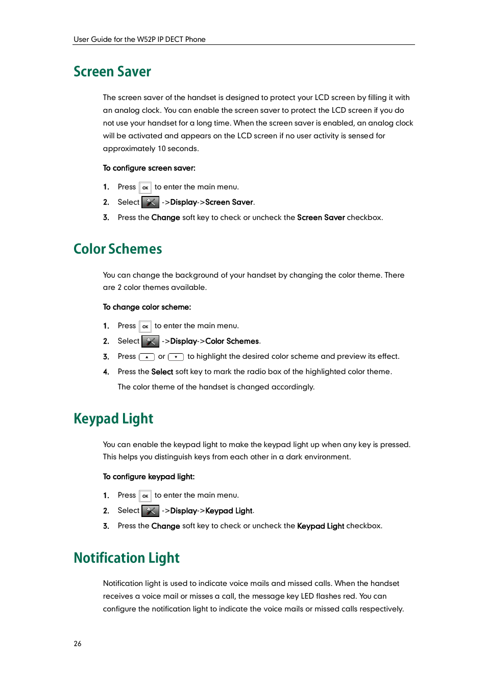 Screen saver, Color schemes, Keypad light | Notification light, Screen, Saver, Notification, Light | Yealink W52P User Manual | Page 38 / 84