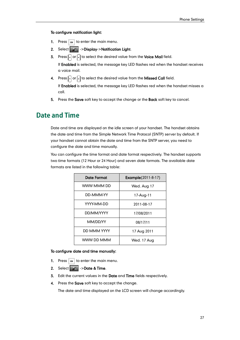 Date and time | Yealink W52P User Manual | Page 39 / 84