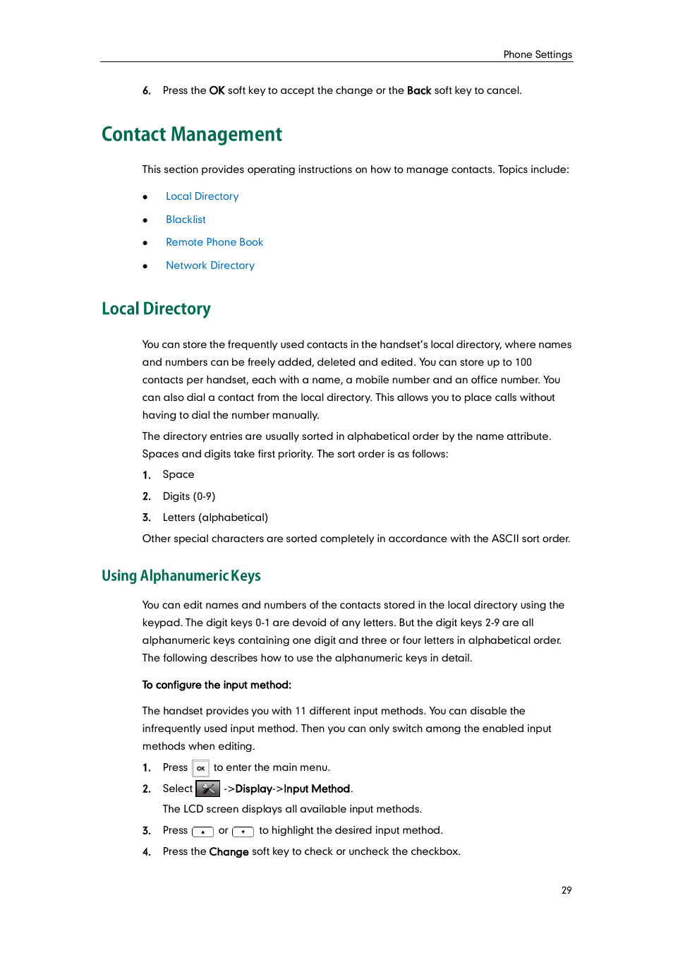 Contact management, Local directory, Using alphanumeric keys | Yealink W52P User Manual | Page 41 / 84